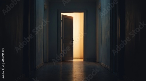 In the stillness of a quiet space, an open door reveals a warm glow, shedding light into the dimly lit hallway. The inviting ambiance beckons curiosity and reflection