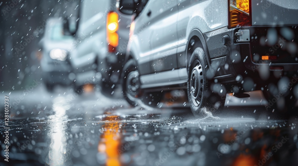 Fototapeta premium New white delivery vans parked on wet asphalt highlighting the logistics and transportation sector