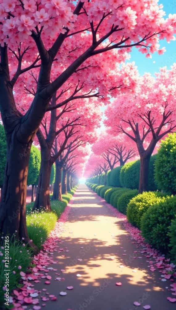 Naklejka premium Sunlit lane, pink and white blossoms arch overhead, pathway, fresh