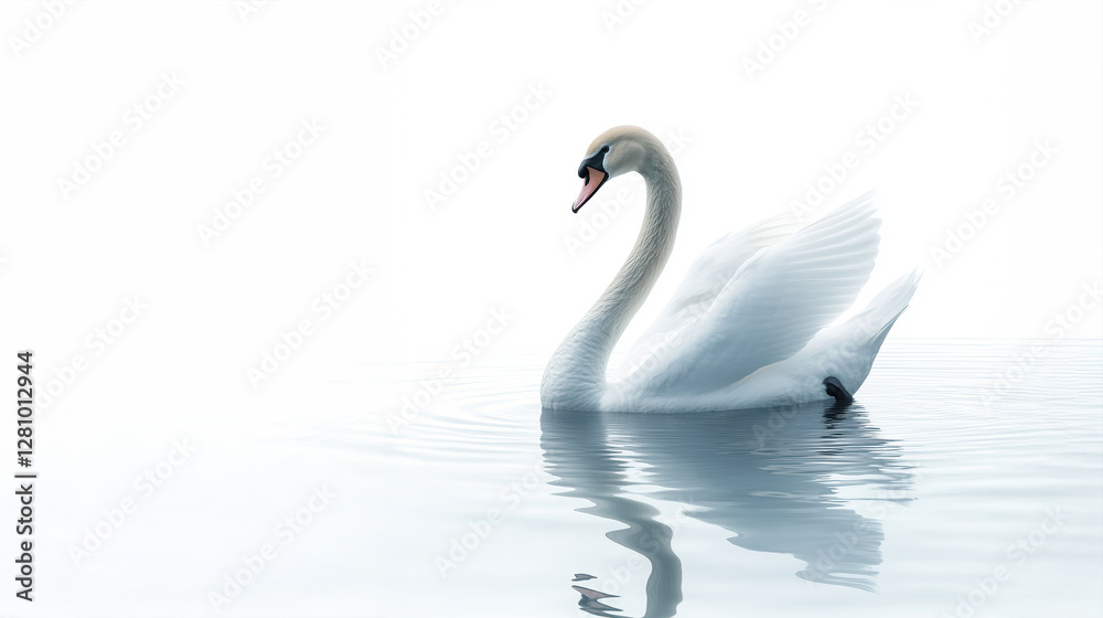 A swan is swimming in a body of water. The water is calm and the swan is the only object in the scene. Concept of tranquility and peacefulness A swan is swimming in a body of water. The water is calm and the swan is the only object in the scene. Concept of tranquility and peacefulness