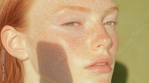 A soft yet futuristic side portrait of a freckled woman, 