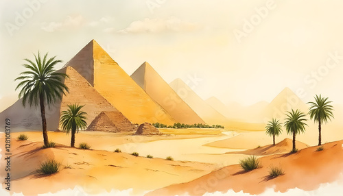 Watercolor painting of Egyptian pyramids with swaying palm trees and soft sunlit hues blending warm colors