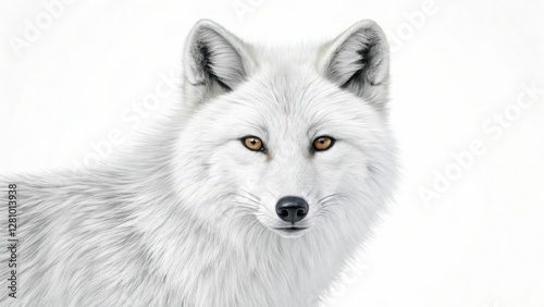 Majestic arctic fox with snowy fur and piercing eyes against white background
