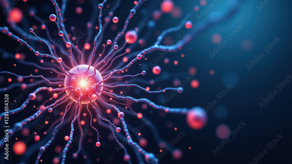 A microscopic view of neurons with a highlighted red neuron showing the effect of Semaglutide. A microscopic view of neurons with a highlighted red neuron showing the effect of Semaglutide.