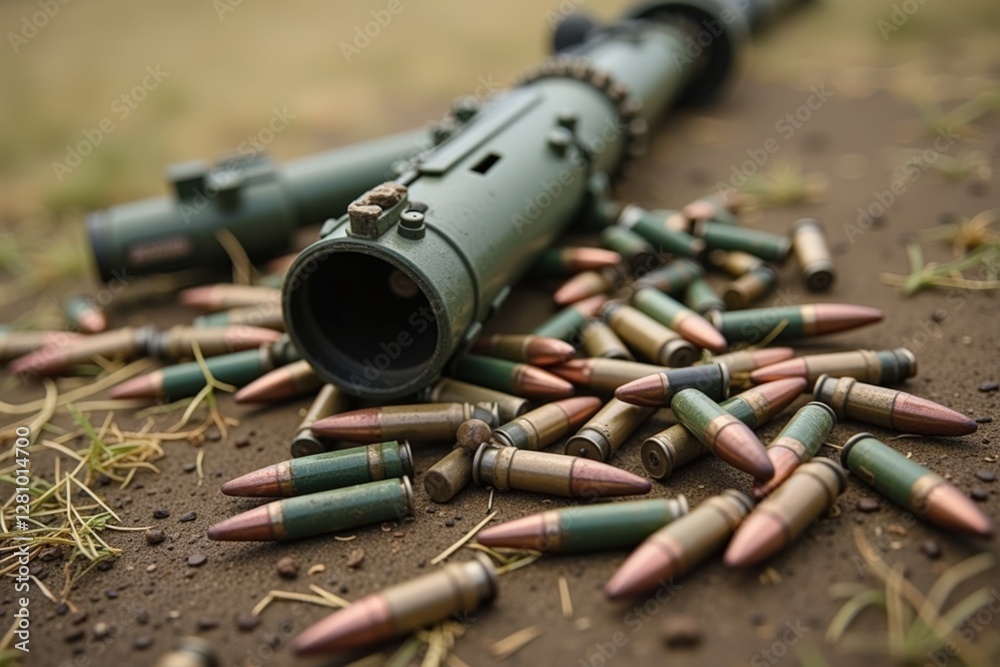 Naklejka premium An Abandoned Military Weapon on the Ground Surrounded by Spent Shell Casings in a Field Setting