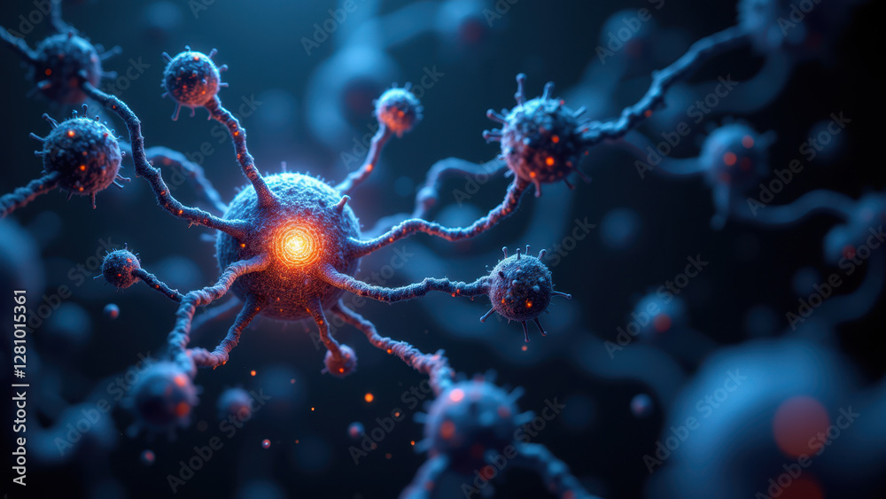 Image of a neuron with Semaglutide molecule, under blue light microscopy. Image of a neuron with Semaglutide molecule, under blue light microscopy.