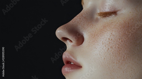 A close-up side-view portrait of a woman with ethereal glowing freckles,