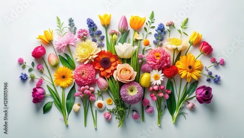 Wallpaper Mural Colorful spring flowers arranged in a perfectly symmetrical composition on a clean and minimalist podium backdrop, spring flowers, flower field Torontodigital.ca