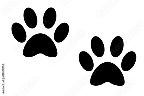 Black paws of an animal. Paws of cats, dogs, rodents. 2 elements isolated on  white background. Wildlife. Flat. Logo.