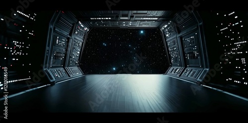 A corridor in a sci-fi environment featuring a 3D view of a space galaxy