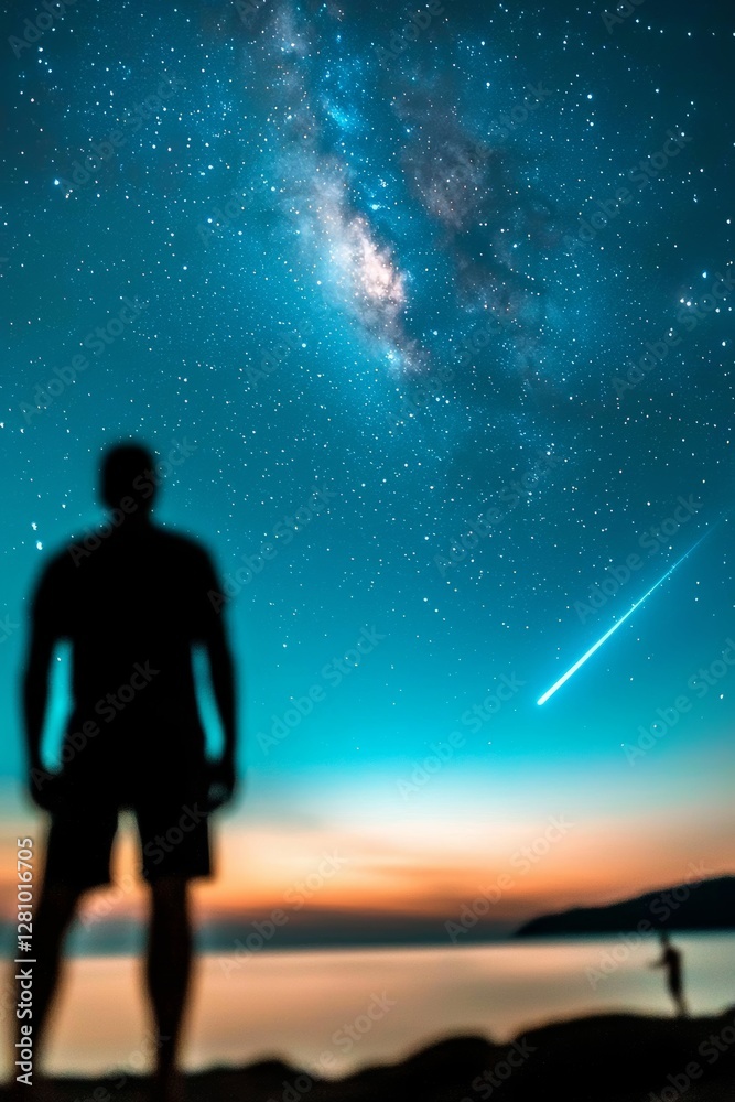 Obraz premium A man is standing beside calm water, gazing up at the Milky Way stars in the sky, with their reflections mirrored in the water