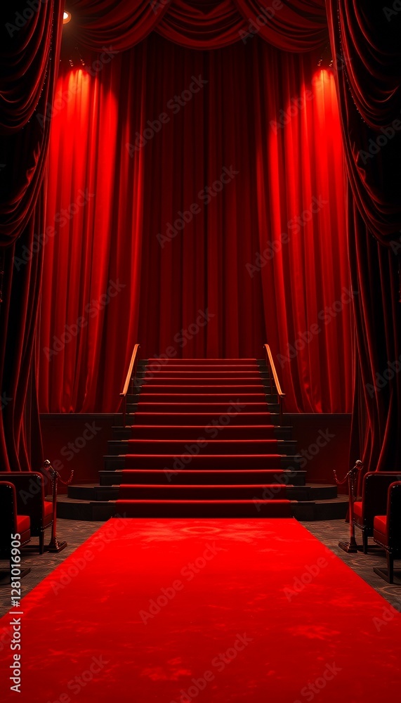 Fototapeta premium Red Carpet Stairway Under Dramatic Theatre Curtains