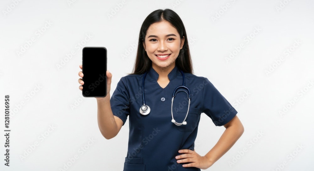 Smiling Asian Female Doctor Holding Smartphone with Blank Screen Healthcare App Concept Smiling Asian Female Doctor Holding Smartphone with Blank Screen Healthcare App Concept