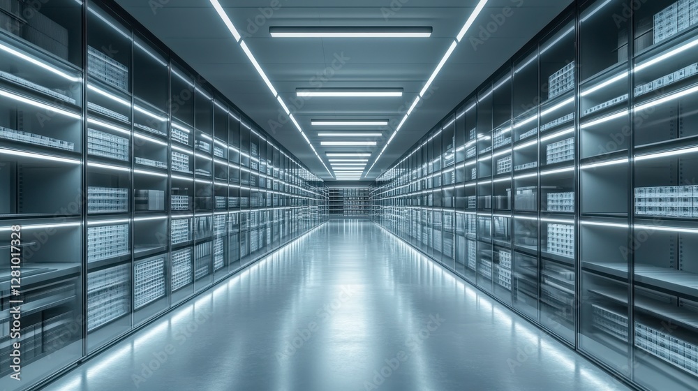A futuristic storage corridor lined with illuminated shelves, showcasing a modern, organized, and sleek design. A futuristic storage corridor lined with illuminated shelves, showcasing a modern, organized, and sleek design.