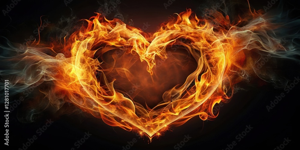Fototapeta premium A burning heart symbol, with flame-like tendrils curling around it, as if being consumed by an inner fire