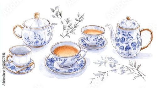 Elegant Tea Set with Floral Design and Leaves in Watercolor Style