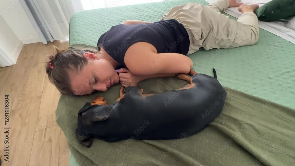 Mulher dorme com cachorro em cama 