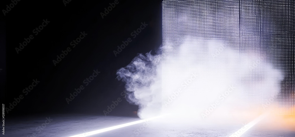 Obraz premium A 3D rendering of an empty underground parking garage with a dark neon laser smoke fog and orange glowing fluorescent ambiance on a concrete reflective grunge background for a car showcase