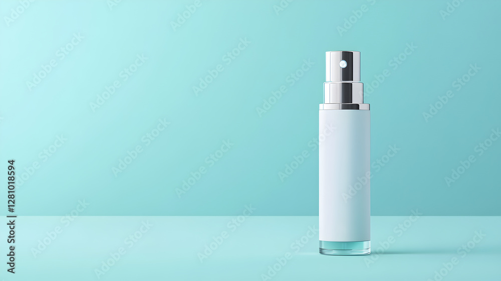 Blank White perfume Bottle with silver cap on Light Blue Background Blank White perfume Bottle with silver cap on Light Blue Background