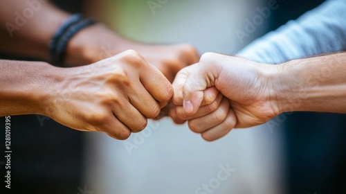 Two adult hands performing a fist bump gesture outdoors