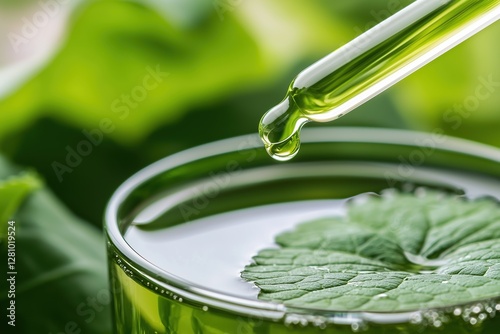Pipette with a drop of Cintella extract with glass vessel and leaf, advertisement for cream, skin serum