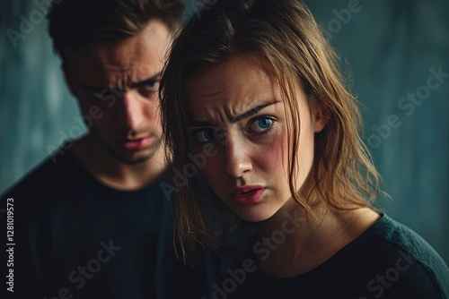 Woman Looking Worried with Man in Background