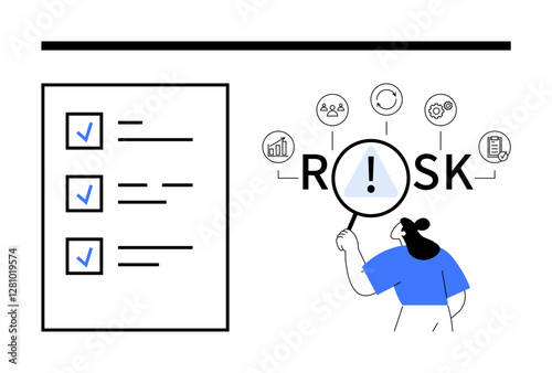 Woman assessing risk with a magnifying glass, checklist, and icons representing financial, resource, and strategic analysis. Ideal for business strategy, analysis, management, decision-making