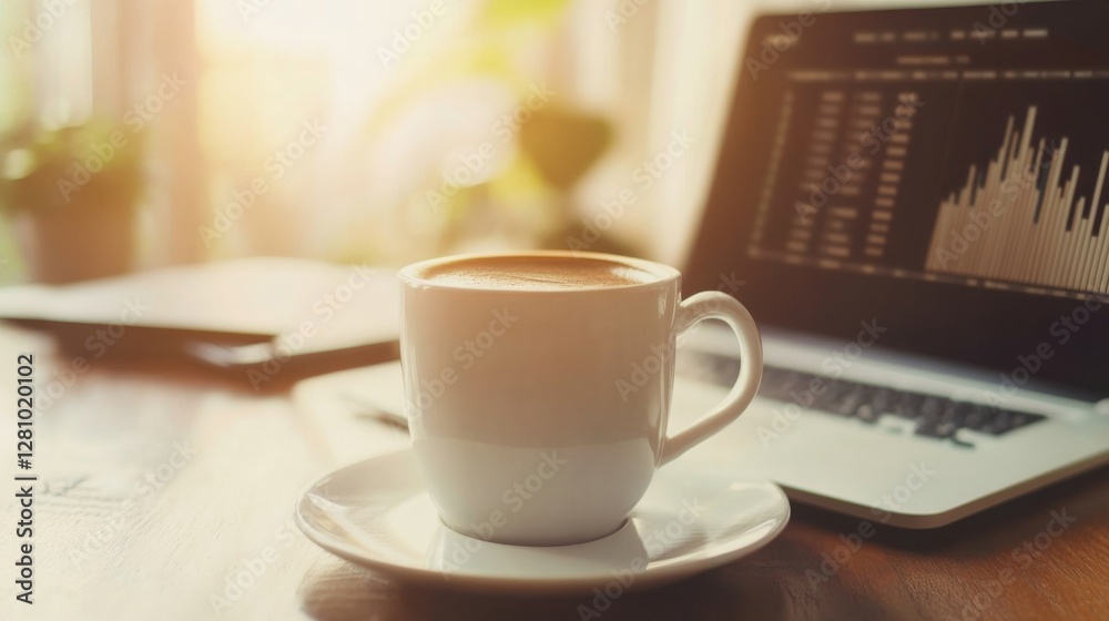Obraz premium Morning coffee cup with laptop displaying financial charts in warm light