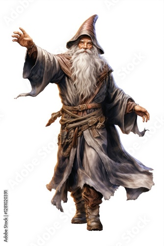 Mythical character a wise wizard with a long beard in a robe, embodying wisdom, magic and enchantment isolated on a white background