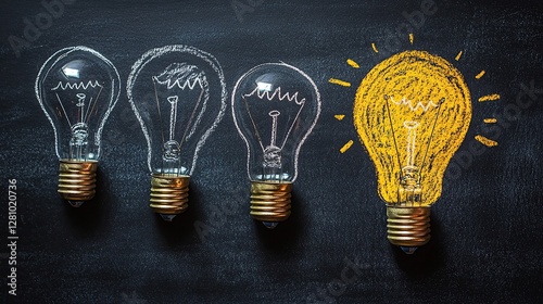 Bright Idea: Illuminated Light Bulb Standing Out Among Chalk-Drawn Bulbs