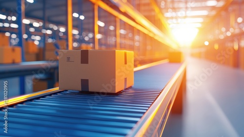 A cardboard box moves along a conveyor belt in a bright, spacious warehouse, illuminated by warm sunlight filtering through the structure.