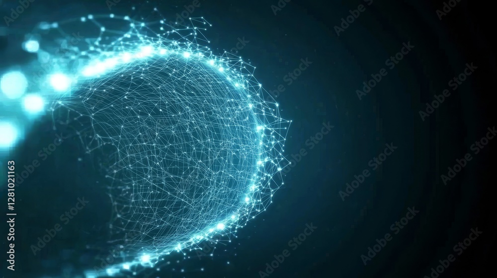 An abstract sci-fi background with glow particles that form curved lines, surfaces, and hologram structures, creating a virtual digital space, is set against a deep blue motion design background that