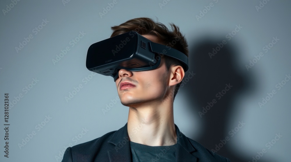 Profile of a man wearing VR goggles, slightly smiling Profile of a man wearing VR goggles, slightly smiling