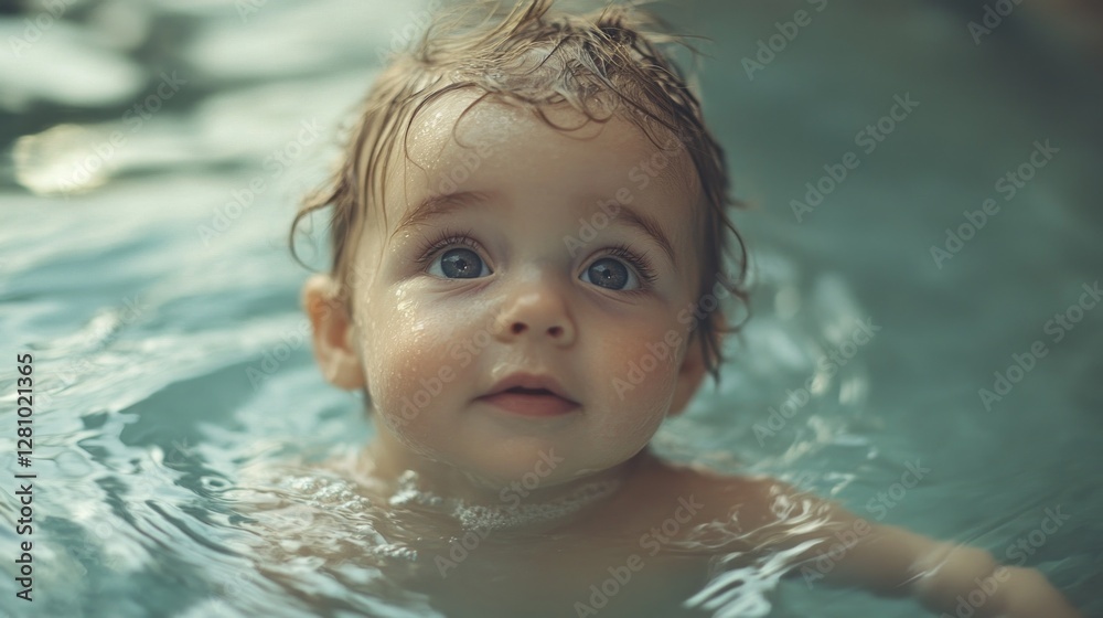 Bubbles float around a delighted baby who is submerged in shallow water, eyes wide with curiosity as sunlight dances on the surface, creating a magical atmosphere Bubbles float around a delighted baby who is submerged in shallow water, eyes wide with curiosity as sunlight dances on the surface, creating a magical atmosphere