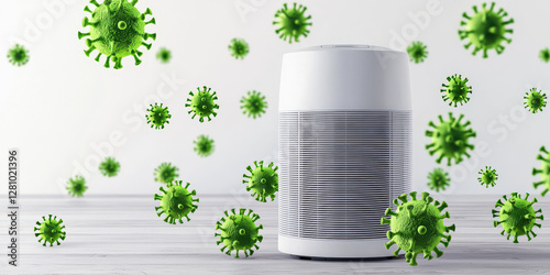 The image shows an air purifier surrounded by floating green virus-like particles, symbolizing air quality and health concerns.
