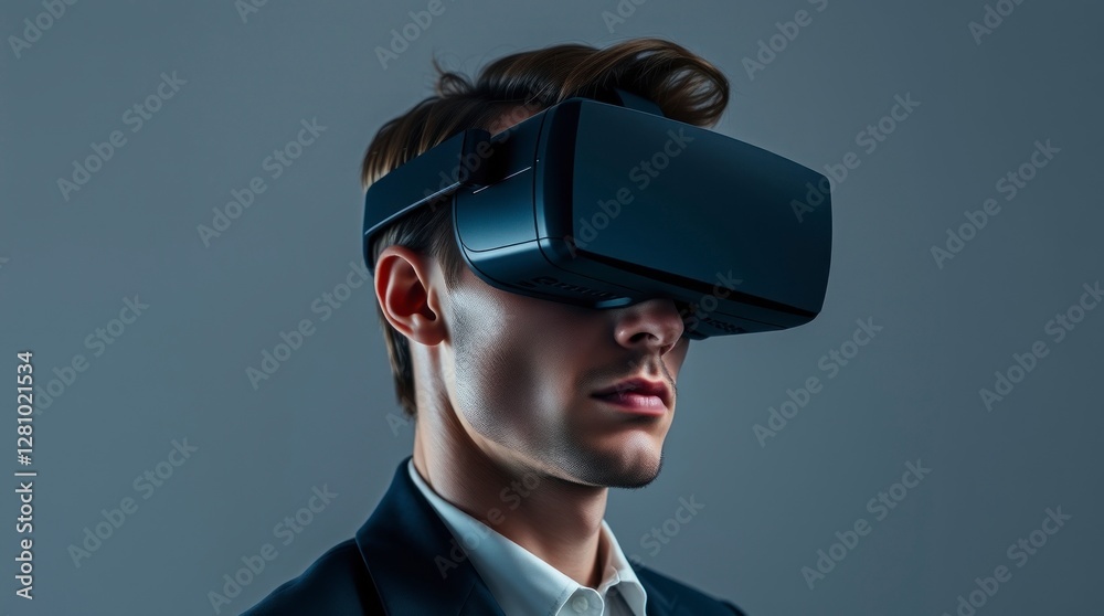 Profile of a man wearing VR goggles, slightly smiling Profile of a man wearing VR goggles, slightly smiling