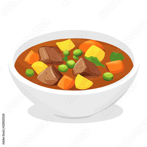 Flat vector beef stew, minimalist design, isolated on a white background.

