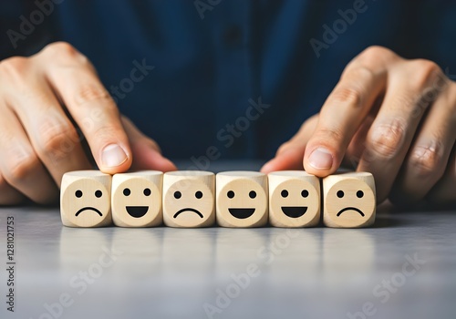 Customer satisfaction feedback survey concept. Person selects yellow smile face block from row of colorful blocks various facial expressions, feedback rating, different levels of customer satisfaction