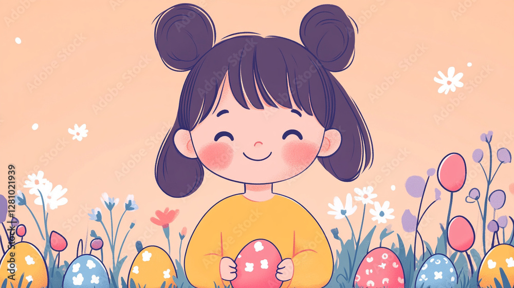 Easter postcard - illustration of a girl and Easter eggs. Easter postcard - illustration of a girl and Easter eggs.