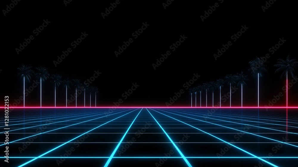 Fototapeta premium A retro futuristic sci-fi backdrop from the 80s, complete with a retrowave VJ videogame landscape featuring neon lights and low poly terrain grid