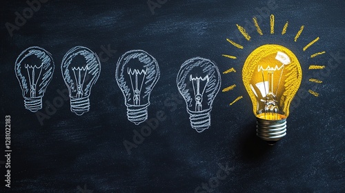 Bright Idea: Illuminated Light Bulb Standing Out Among Chalk-Drawn Bulbs