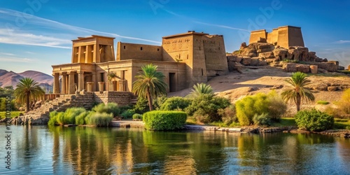 Fototapeta Naklejka Na Ścianę i Meble -  Ancient Egyptian temple complex on the banks of the Nile River in Aswan, with Philae Temple's iconic pyramidal structure and lush greenery surrounding it, Pyramid, Desert Landscapes
