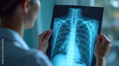 Doctor with X-ray Scan of Infected Lungs with Inflammation, Tuberculosis, Pneumonia, lung cancer, chronic obstructive pulmonary disease (COPD), sarcoidosis, histoplasmosis, blastomycosis