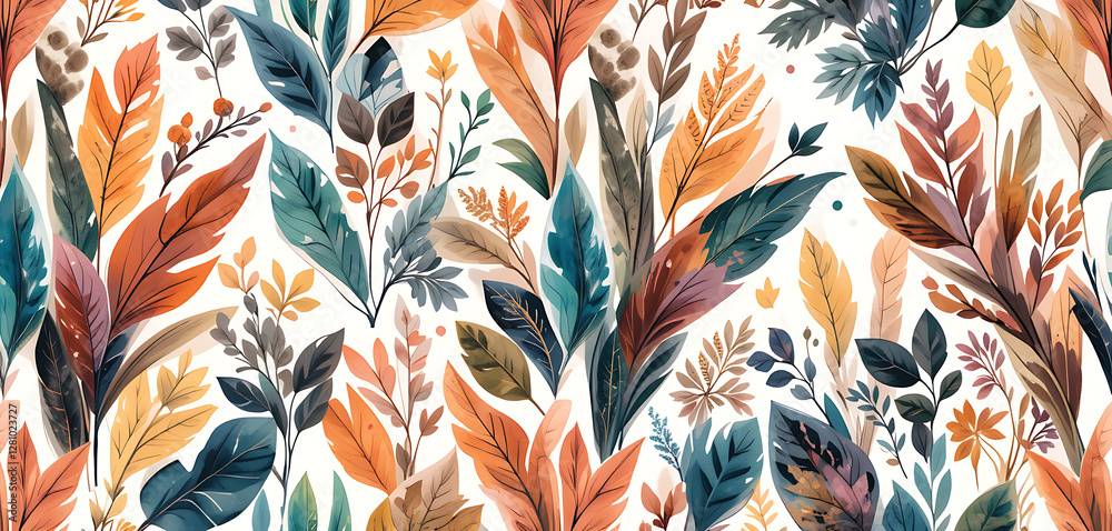 abstract plants and leafs seamless pattern in warm colors gradient combination, illustrated vector style, minimalist, warmer theme, seamless pattern, summer theme, water color painting, digitally gene abstract plants and leafs seamless pattern in warm colors gradient combination, illustrated vector style, minimalist, warmer theme, seamless pattern, summer theme, water color painting, digitally gene