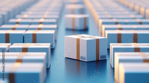 A visually striking arrangement of numerous boxes, highlighting one box prominently among a sea of similar packaged items.