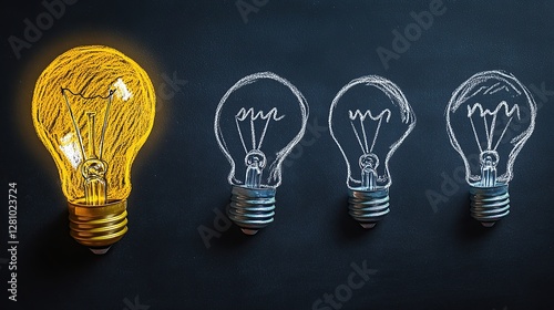 Bright Idea: Illuminated Light Bulb Standing Out Among Chalk-Drawn Bulbs