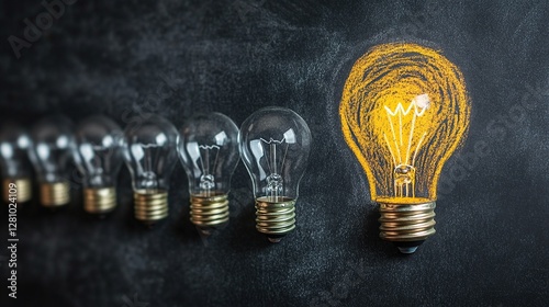 Bright Idea: Illuminated Light Bulb Standing Out Among Chalk-Drawn Bulbs