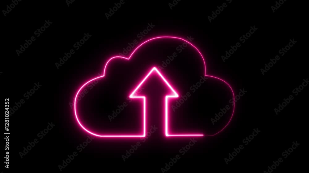 neon line glowing cyan color upload cloud icon animation on black background. 4k video. neon line glowing cyan color upload cloud icon animation on black background. 4k video.