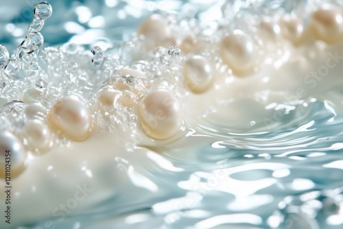 Close up of pearl in water, pearl extract in cosmetics, cream, serum, mask.