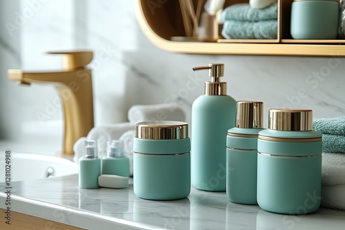 Set of cosmetic bottles, shampoo, lotion, deodorant and jar with mockups for design on washbasin in bathroom, closeup, Generative AI